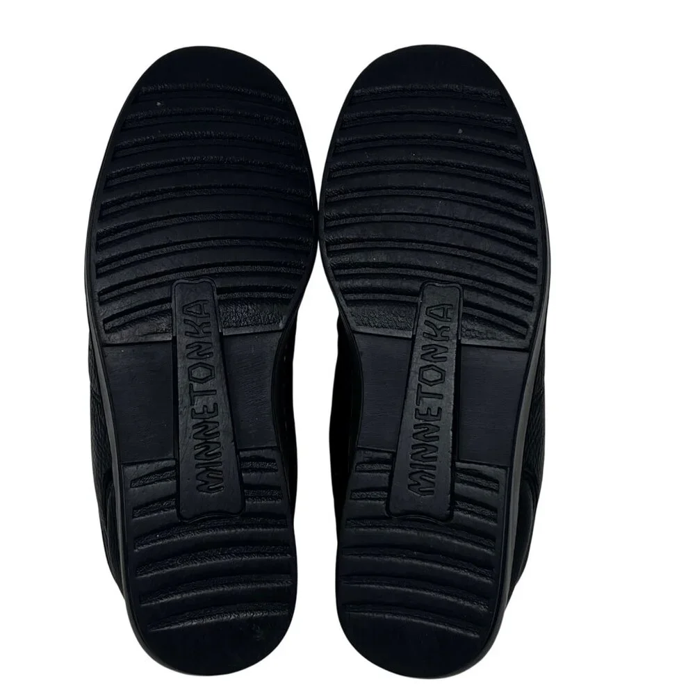 Minnetonka Mens Black Loafer Slip On Double Leather Shoes Size 8.5 -‎ Broken In